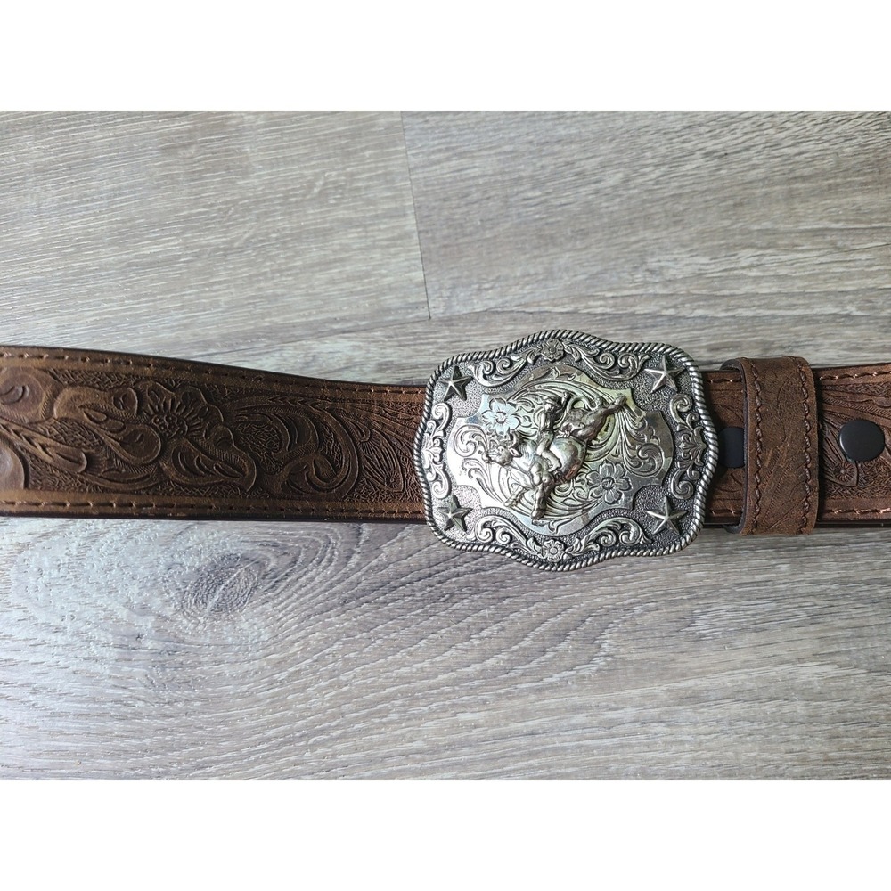 Nocona Embossed Floral Brown Leather Belt Silver Rodeo Bull Rider Stamped Buckle - Picture 5 of 9